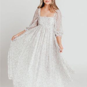 Pink Blush Maternity Silver Floral Square Neck Puff Sleeve Organza Maxi Dress